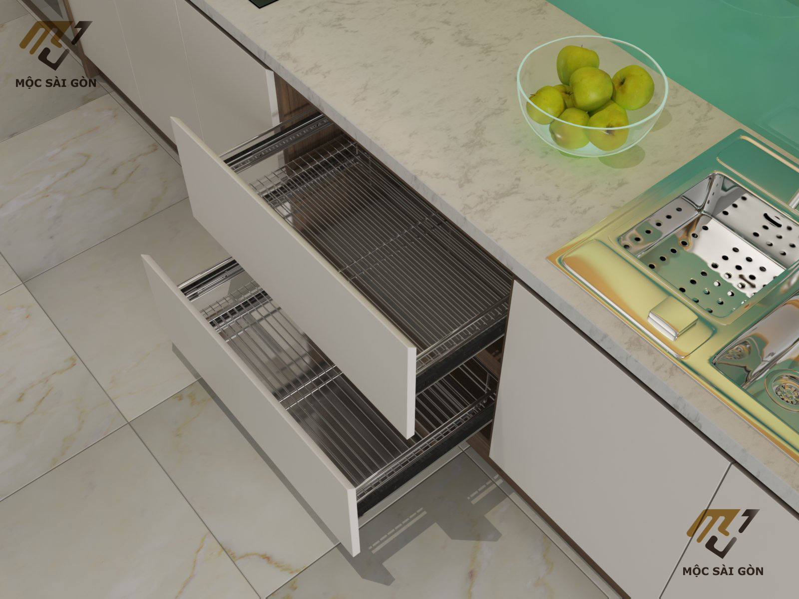 Mẫu bếp chữ i kết hợp phụ kiện inox tiện dụng Mẫu bếp chữ i kết hợp phụ kiện inox tiện dụng
